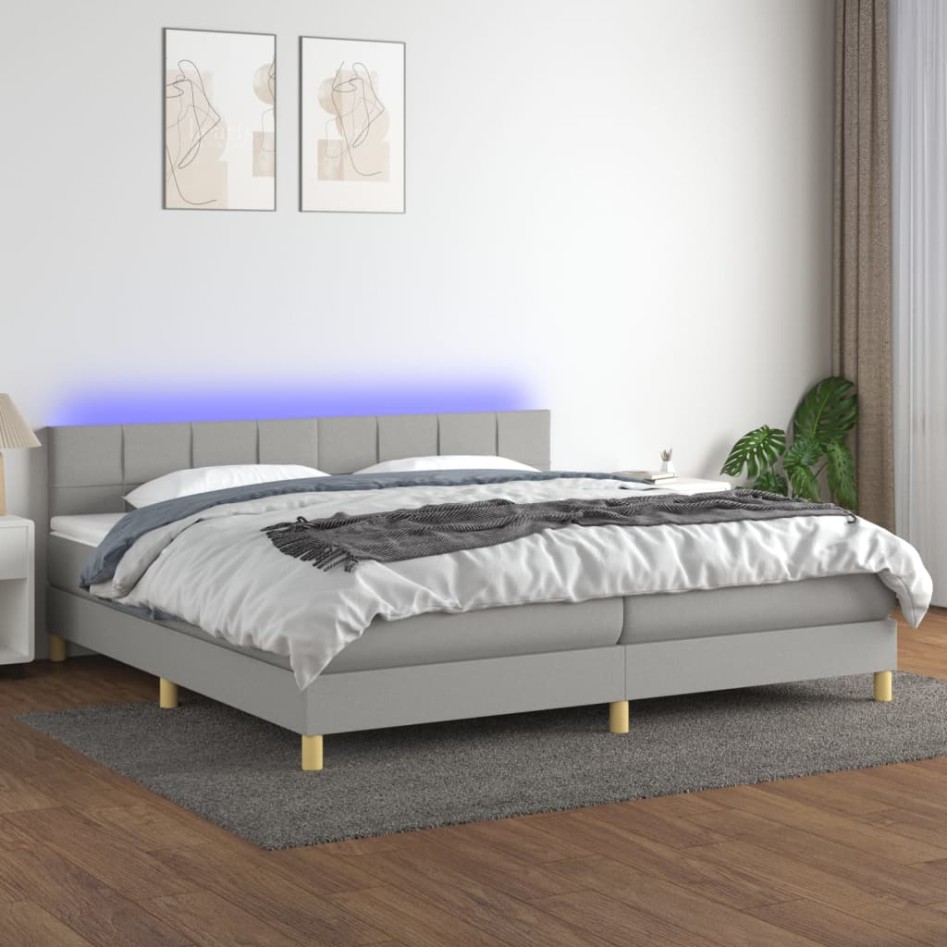 Cama box spring con colchón tela y LED gris claro 200x200
