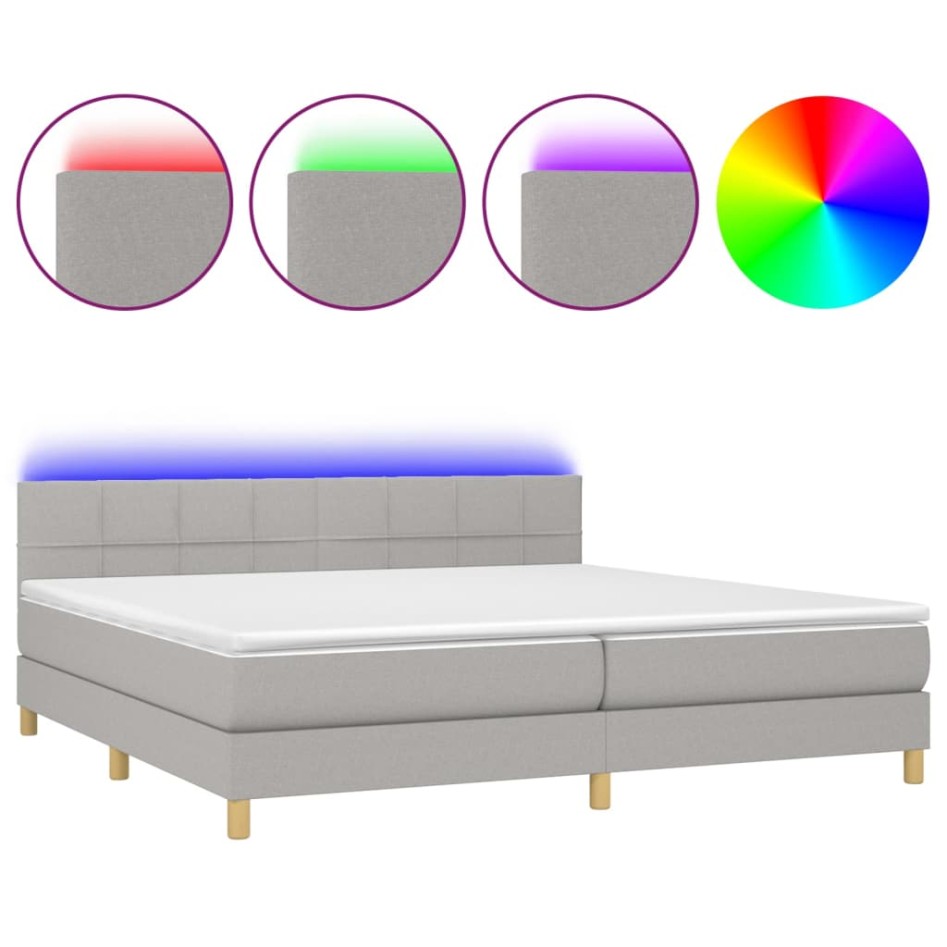 Cama box spring con colchón tela y LED gris claro 200x200