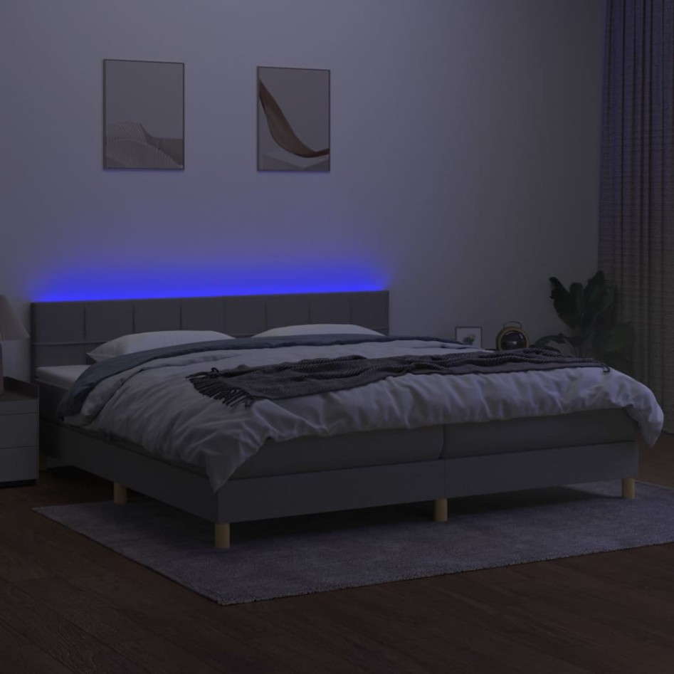 Cama box spring con colchón tela y LED gris claro 200x200