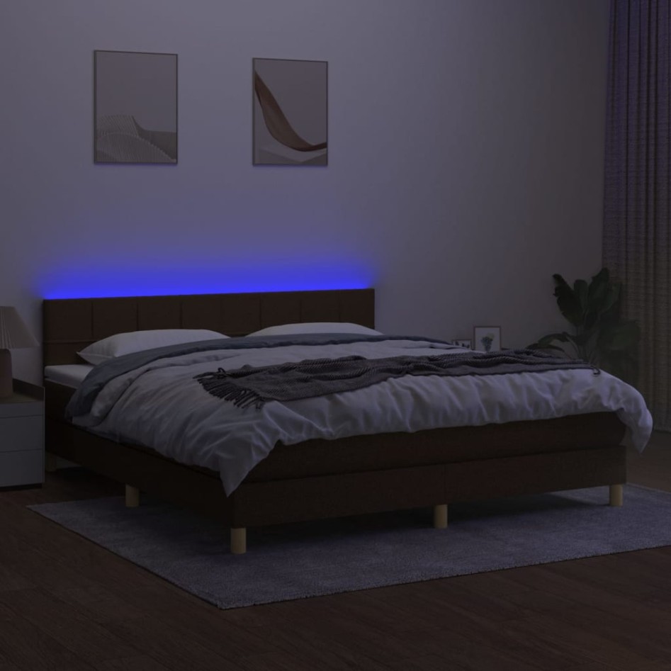 Cama box spring con colchón LED tela marrón oscuro 180x200