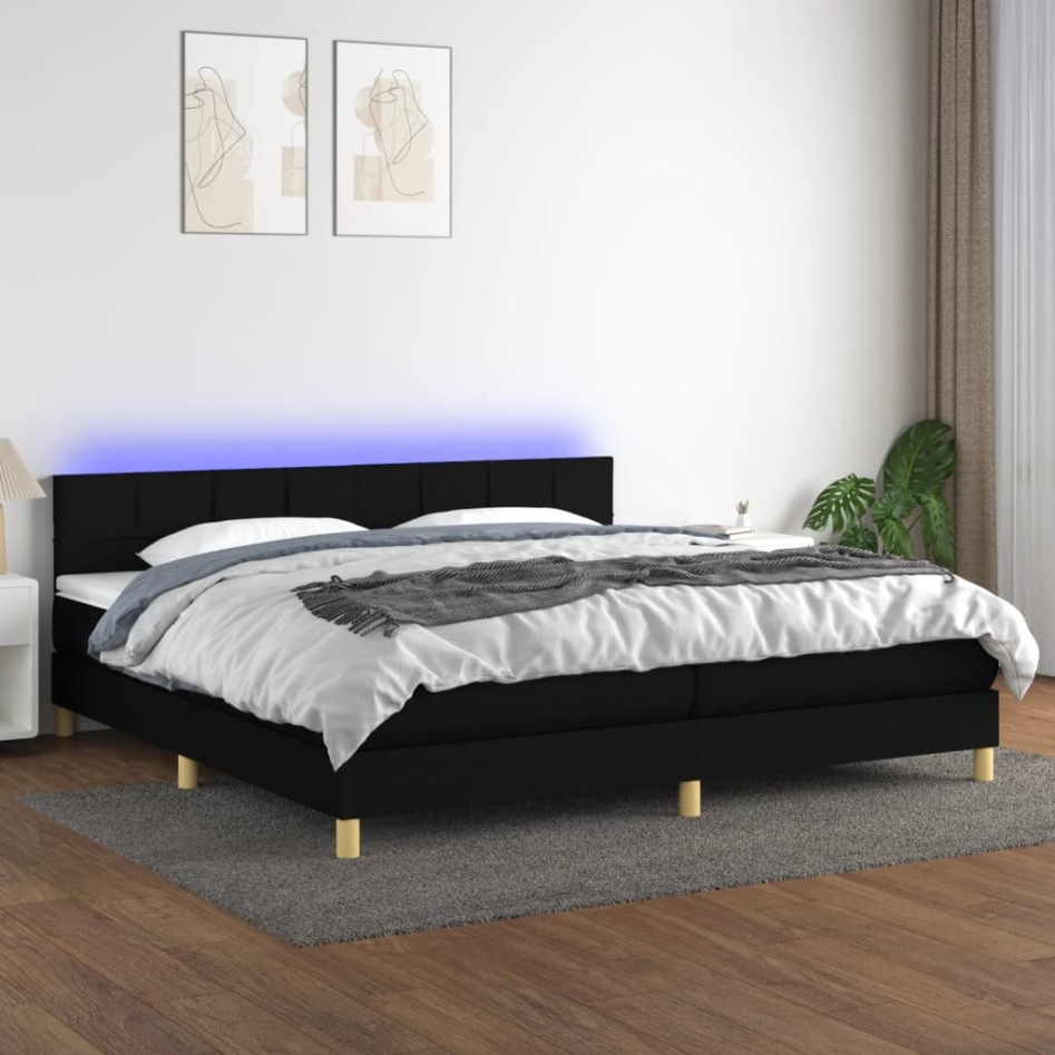 Cama box spring con colchón LED tela negro 200x200