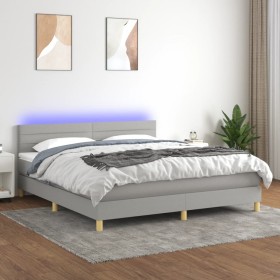 Cama box spring con colchón tela y LED gris claro 180x200