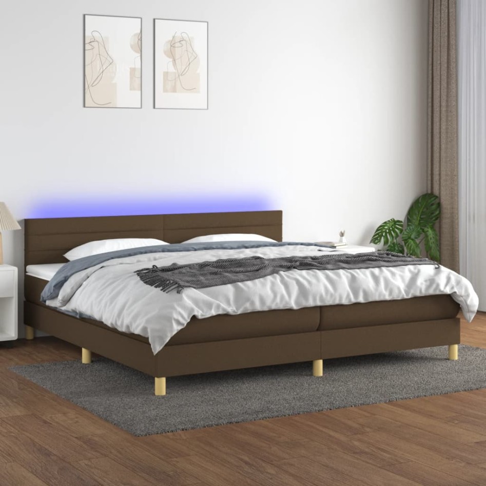 Cama box spring con colchón LED tela marrón oscuro 200x200