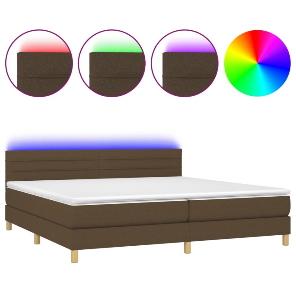 Cama box spring con colchón LED tela marrón oscuro 200x200