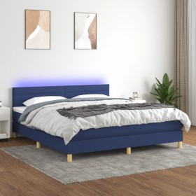 Cama box spring con colchón y LED tela azul 160x200