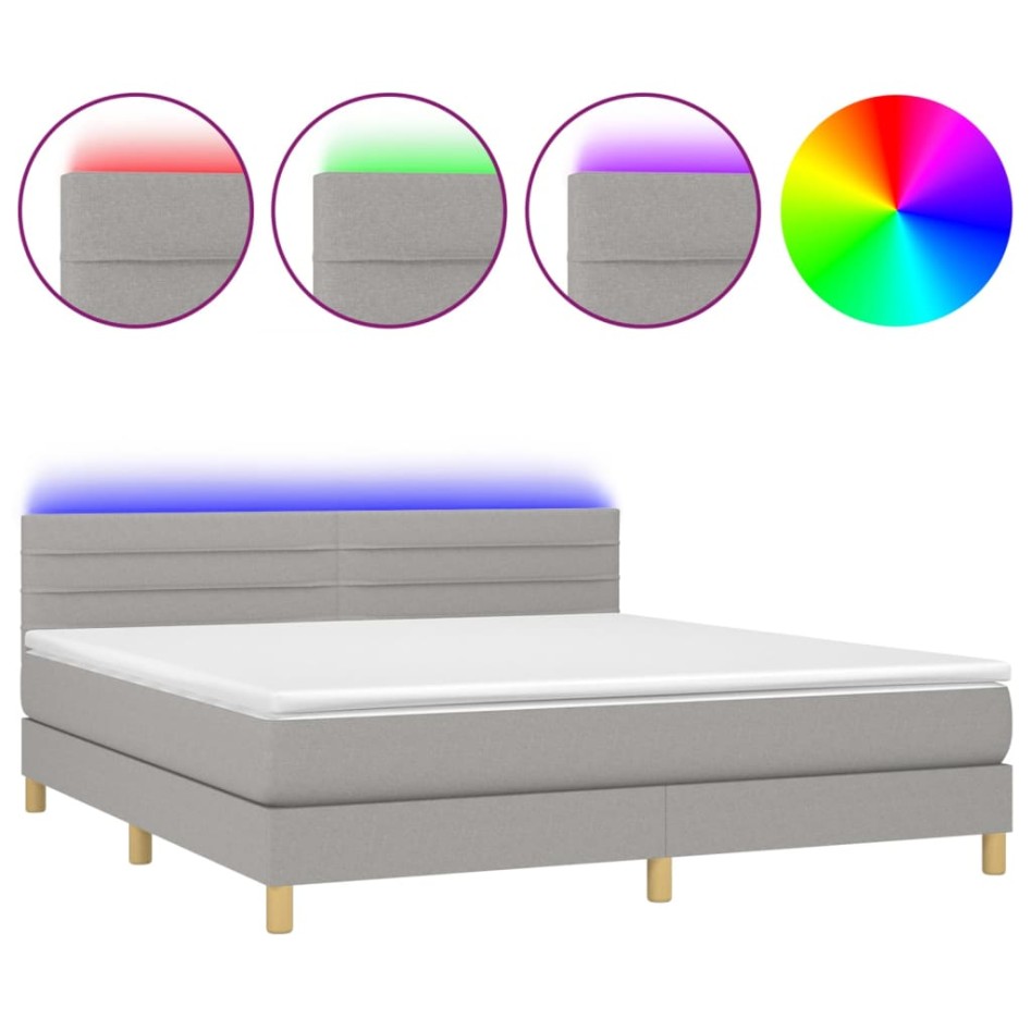 Cama box spring con colchón tela y LED gris claro 160x200