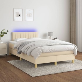 Cama box spring con colchón y LED tela crema 120x200
