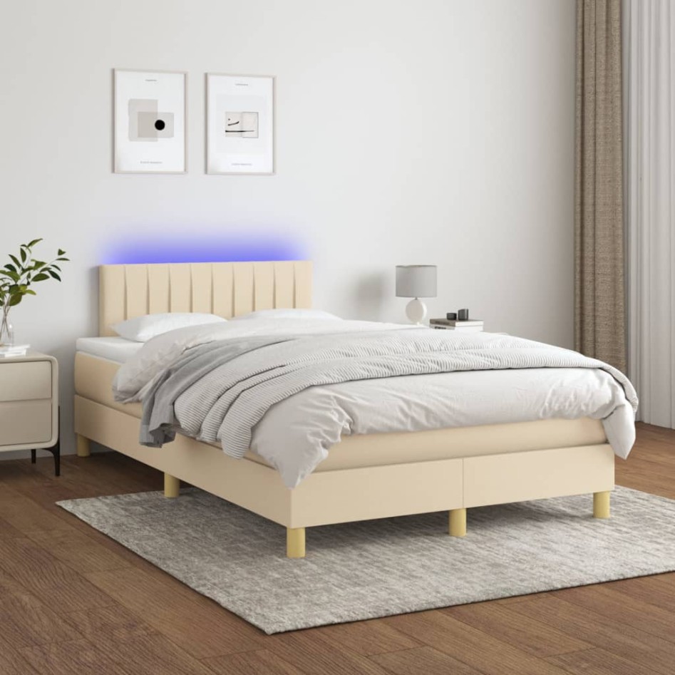 Cama box spring con colchón y LED tela crema 120x200