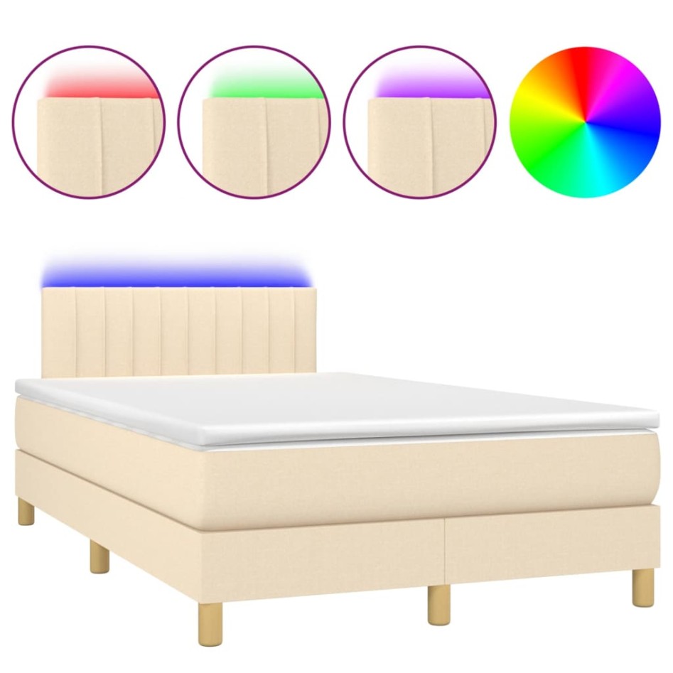 Cama box spring con colchón y LED tela crema 120x200