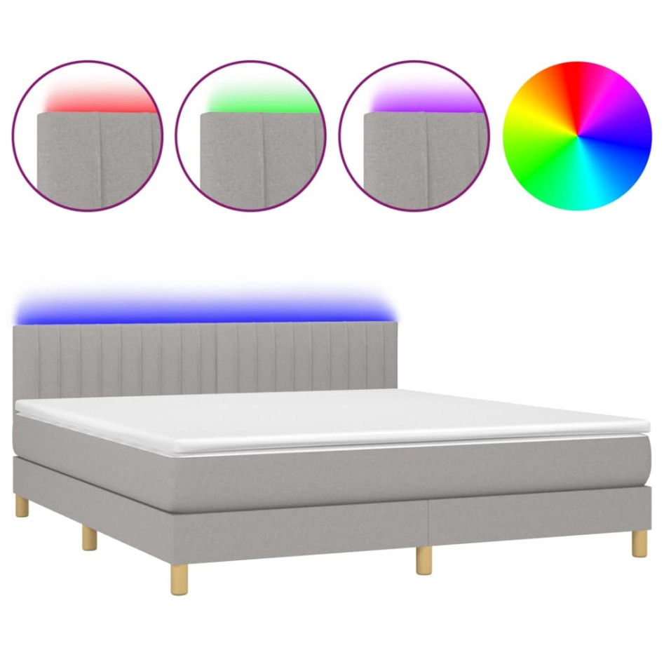 Cama box spring con colchón tela y LED gris claro 180x200