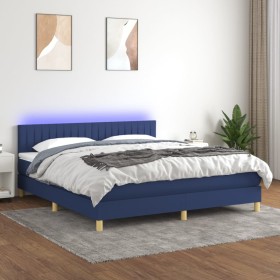 Cama box spring con colchón y LED tela azul 160x200