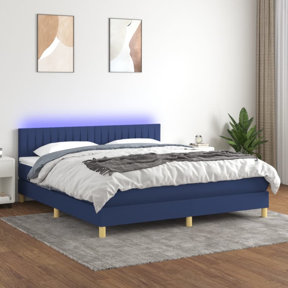 Cama box spring con colchón y LED tela azul 160x200