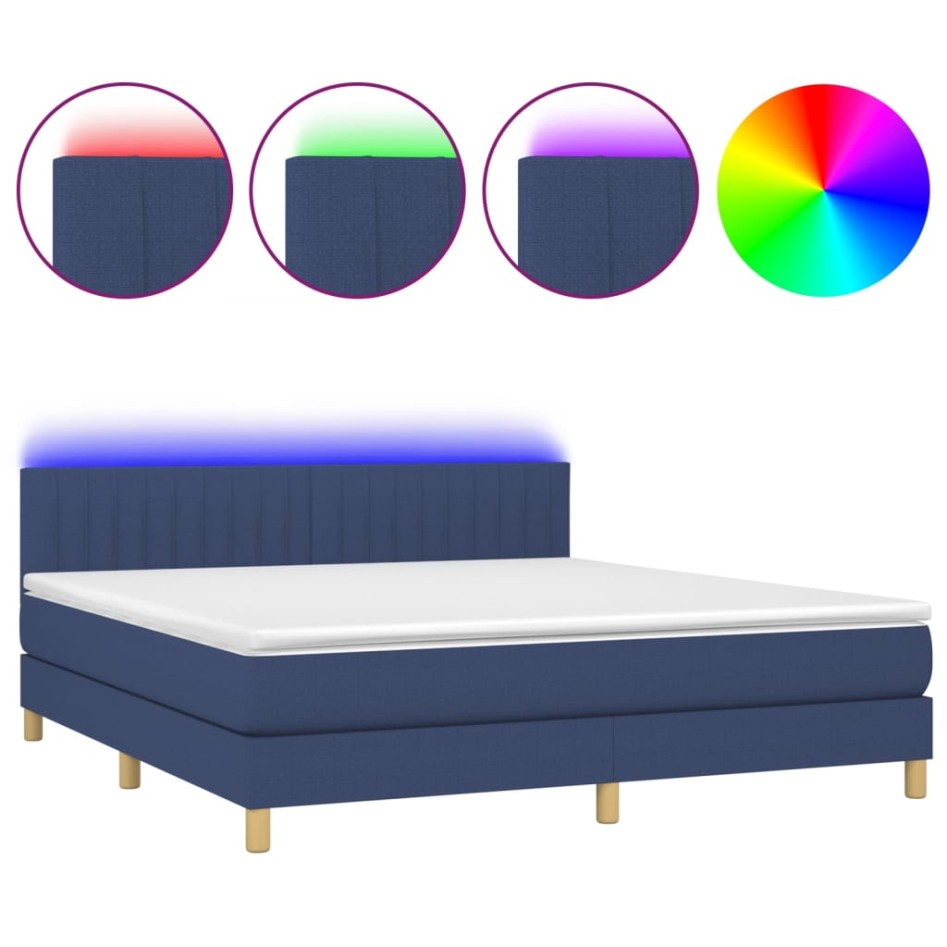Cama box spring con colchón y LED tela azul 160x200