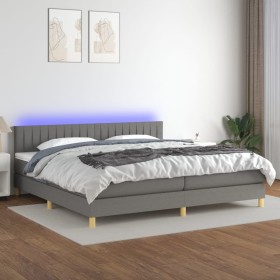 Cama box spring con colchón y LED tela gris oscuro 200x200