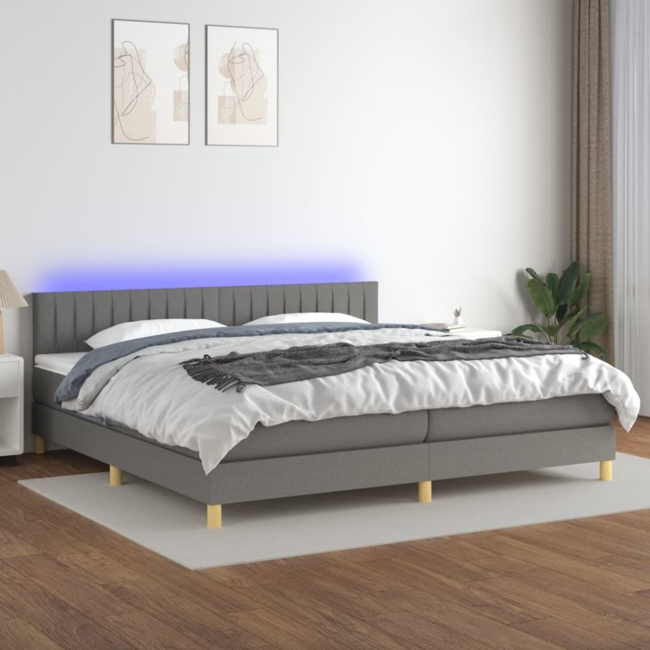 Cama box spring con colchón y LED tela gris oscuro 200x200