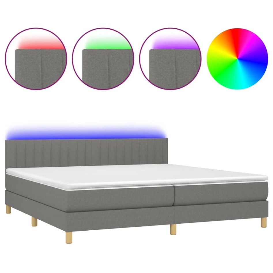 Cama box spring con colchón y LED tela gris oscuro 200x200
