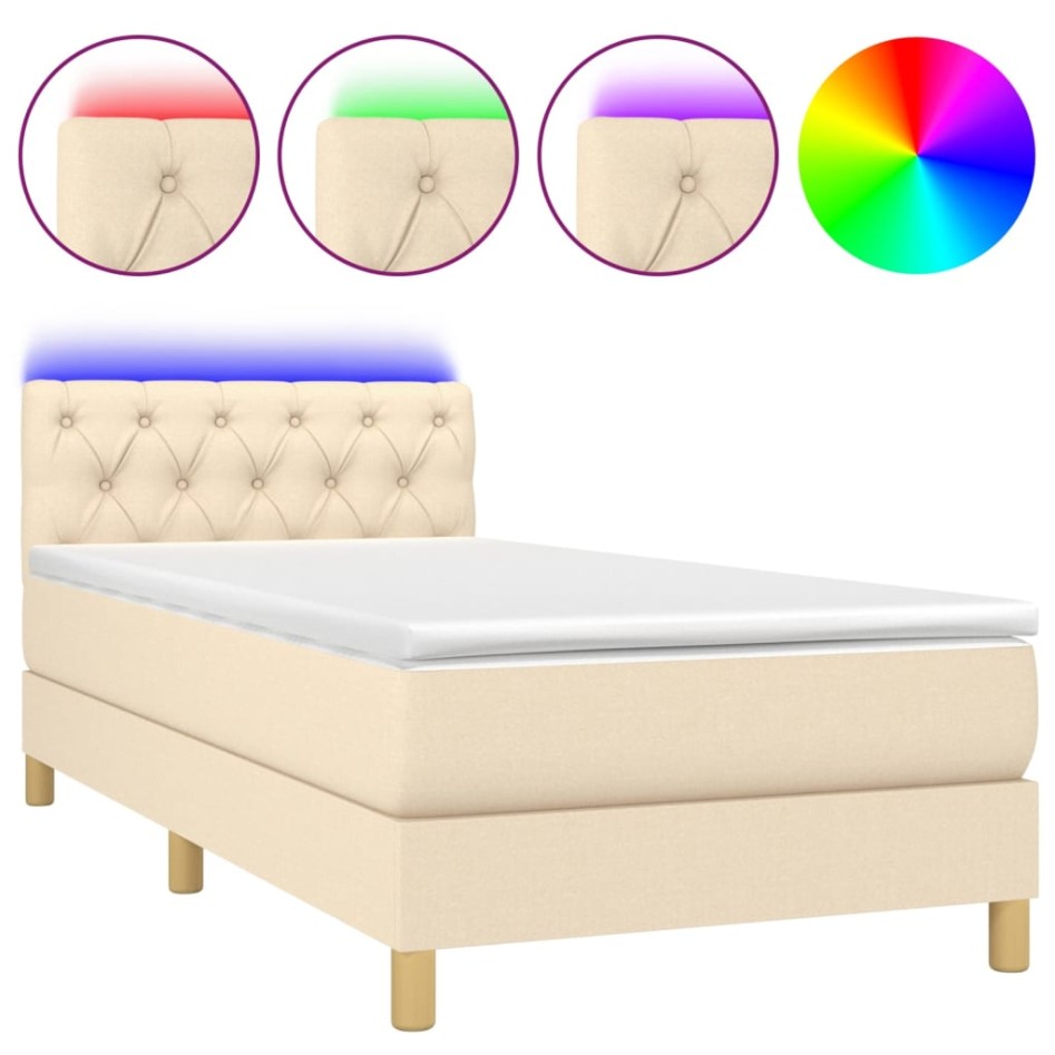 Cama box spring con colchón y LED tela crema 80x200