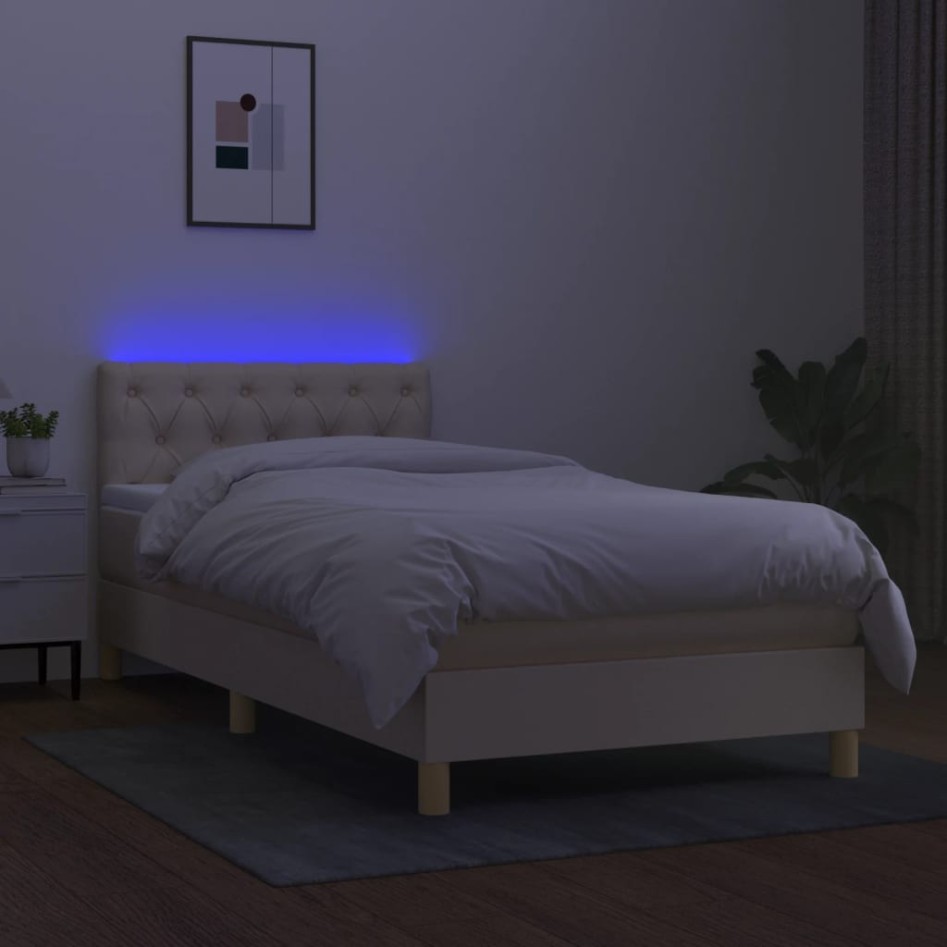 Cama box spring con colchón y LED tela crema 80x200