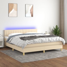 Cama box spring con colchón y LED tela crema 180x200