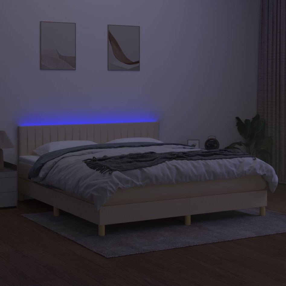 Cama box spring con colchón y LED tela crema 180x200
