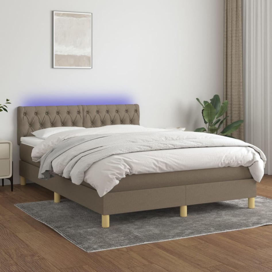 Cama box spring con colchón LED tela gris taupe 140x200