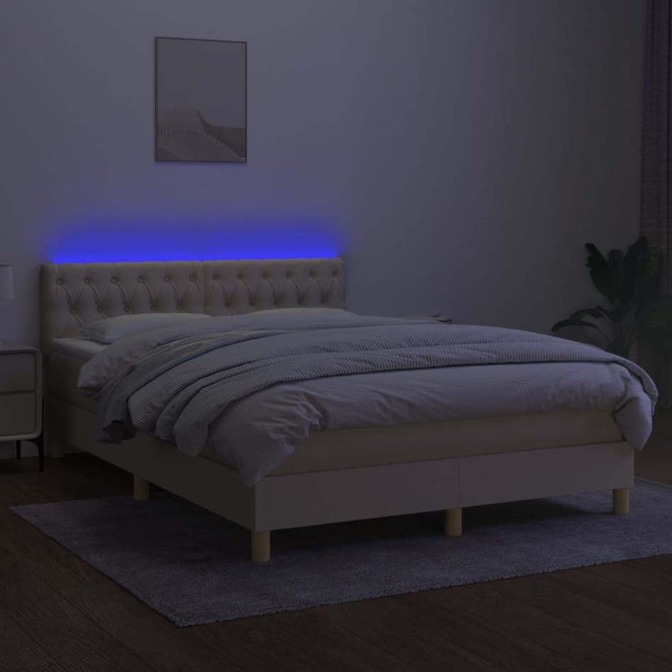 Cama box spring colchón y luces LED tela crema 140x190