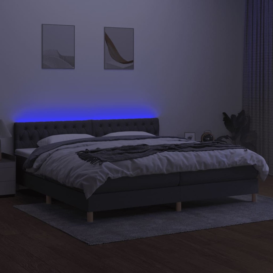 Cama box spring con colchón y LED tela gris oscuro 200x200