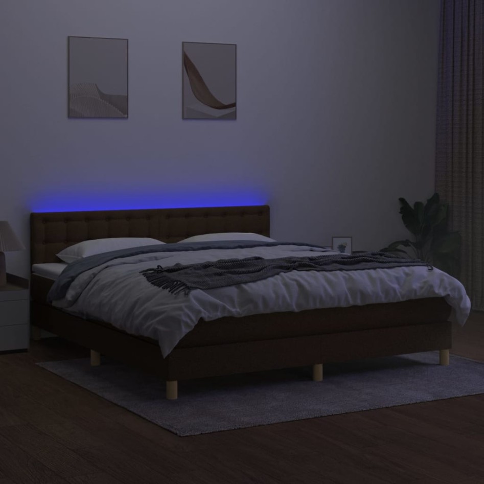 Cama box spring con colchón LED tela marrón oscuro 160x200
