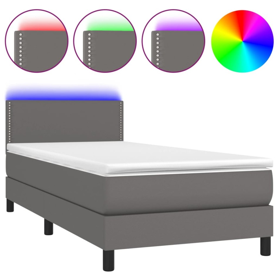 Cama box spring y colchón LED cuero sintético gris 80x200