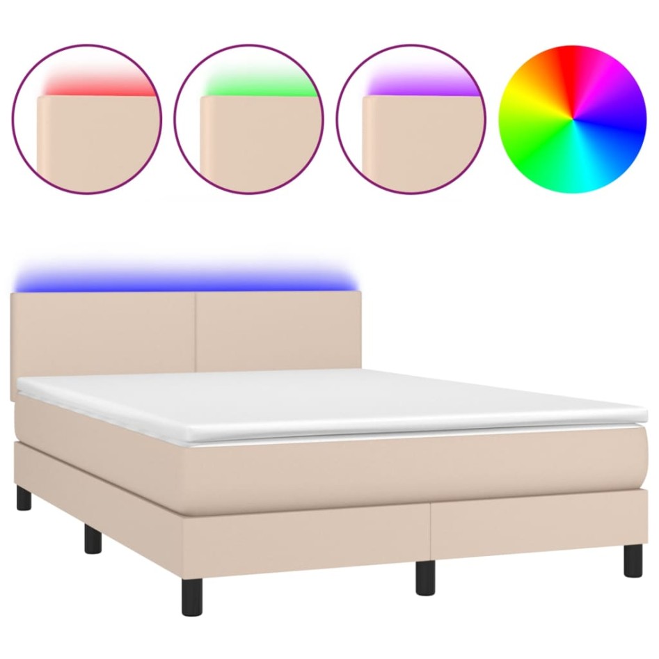 Cama box spring colchón LED cuero sintético capuchino