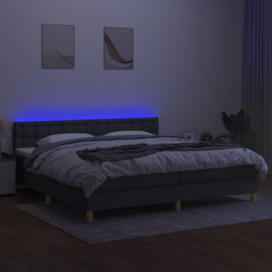 Cama box spring con colchón y LED tela gris oscuro 200x200
