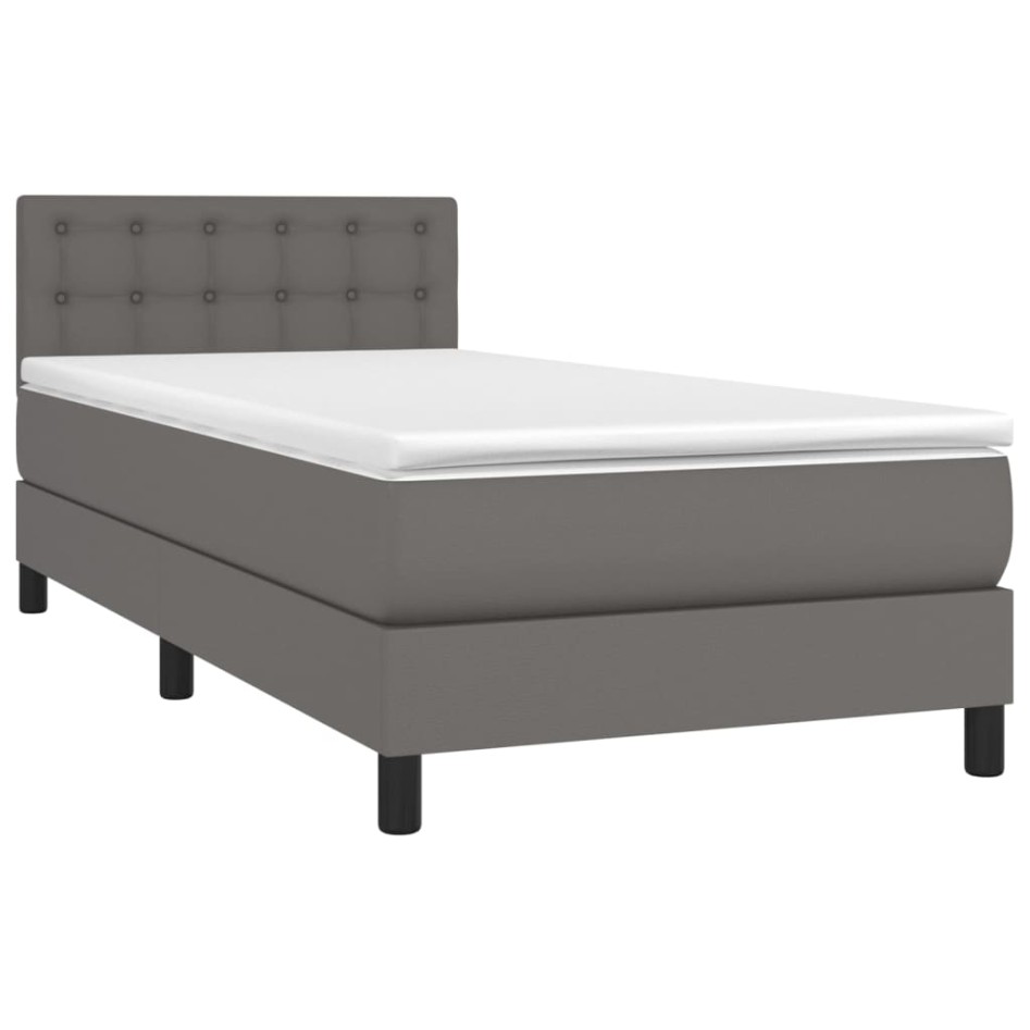 Cama box spring y colchón LED cuero sintético gris 90x190