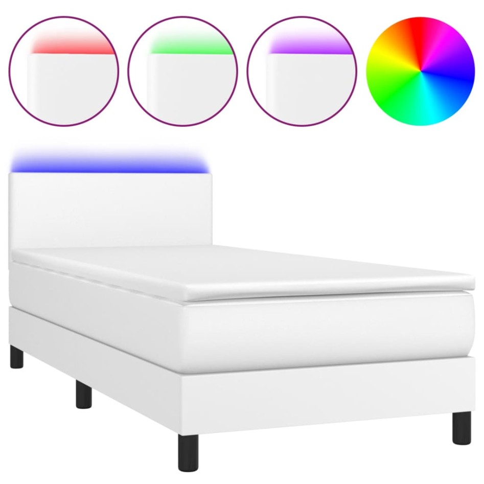 Cama box spring colchón y LED cuero sintético blanco 100x200