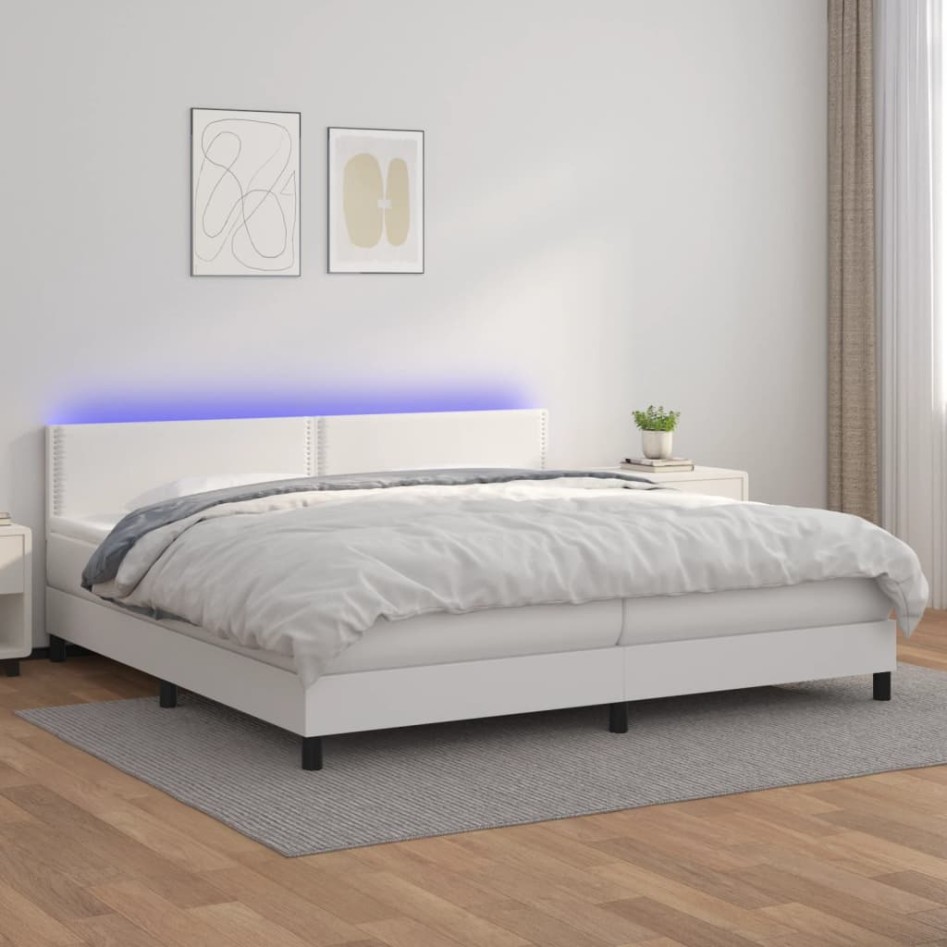 Cama box spring colchón y LED cuero sintético blanco 200x200