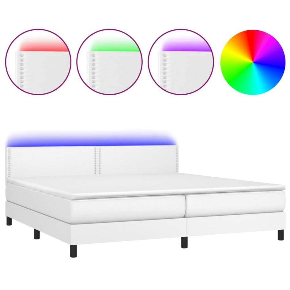 Cama box spring colchón y LED cuero sintético blanco 200x200