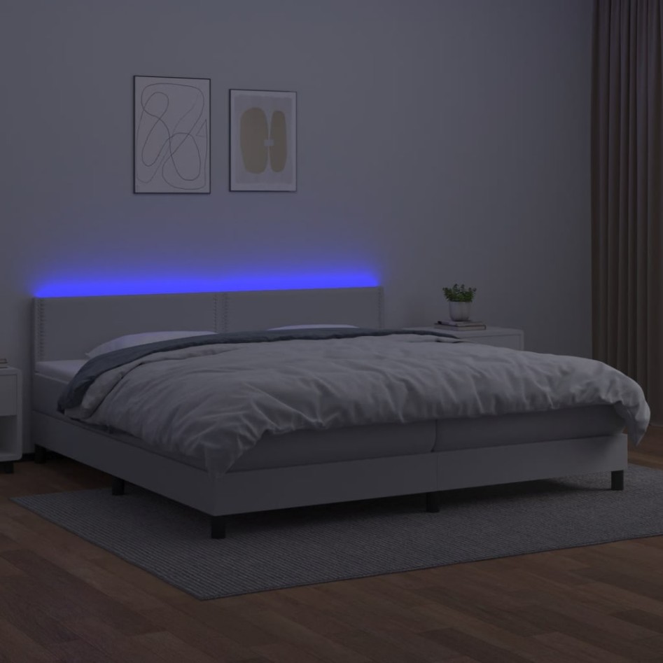 Cama box spring colchón y LED cuero sintético blanco 200x200