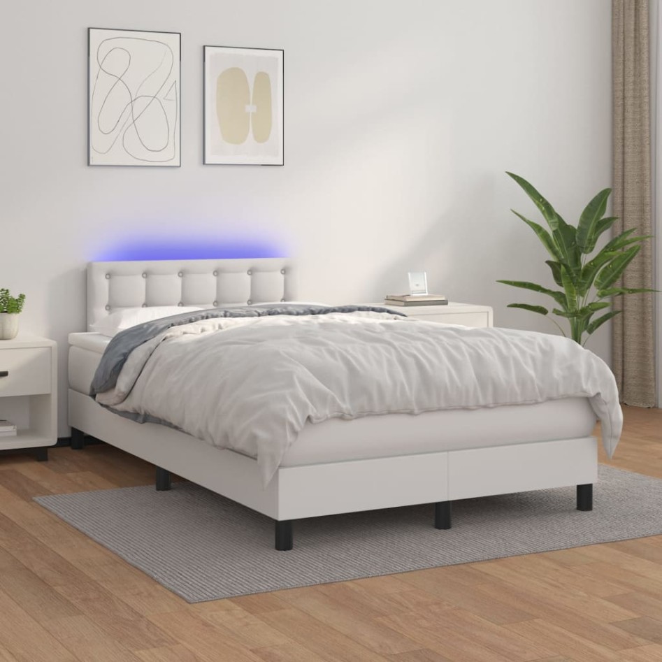 Cama box spring colchón y LED cuero sintético blanco 120x200