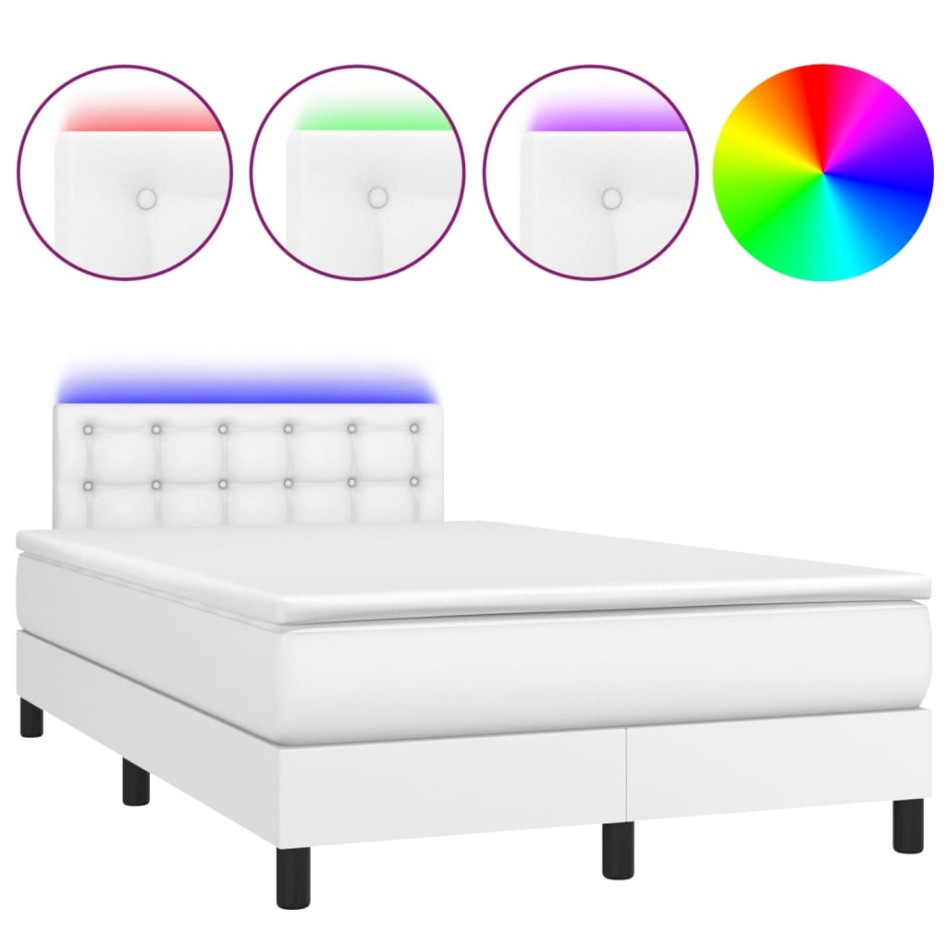 Cama box spring colchón y LED cuero sintético blanco 120x200