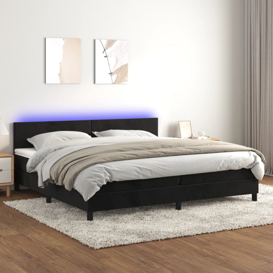 Cama box spring colchón y LED terciopelo negro 200x200