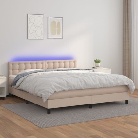 Cama box spring colchón LED cuero sintético capuchino
