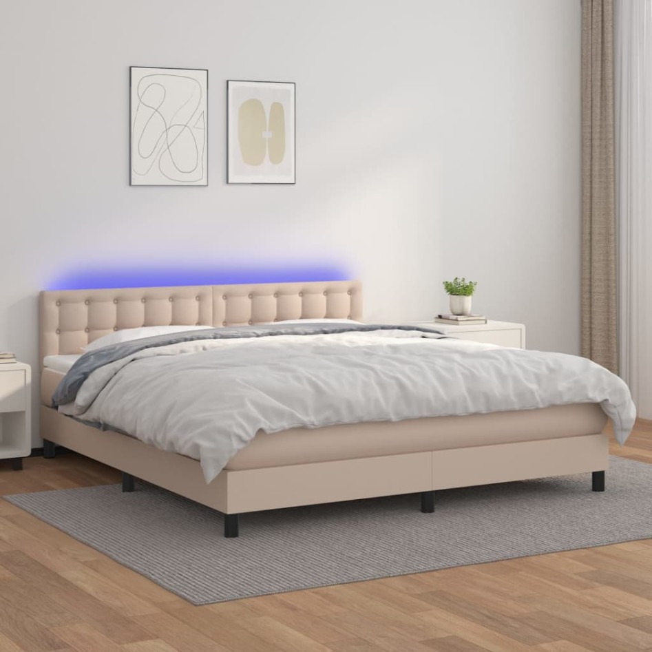 Cama box spring colchón LED cuero sintético capuchino