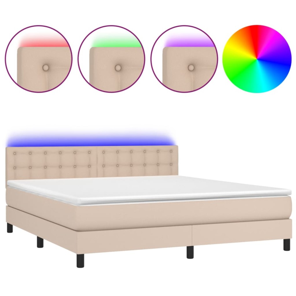 Cama box spring colchón LED cuero sintético capuchino