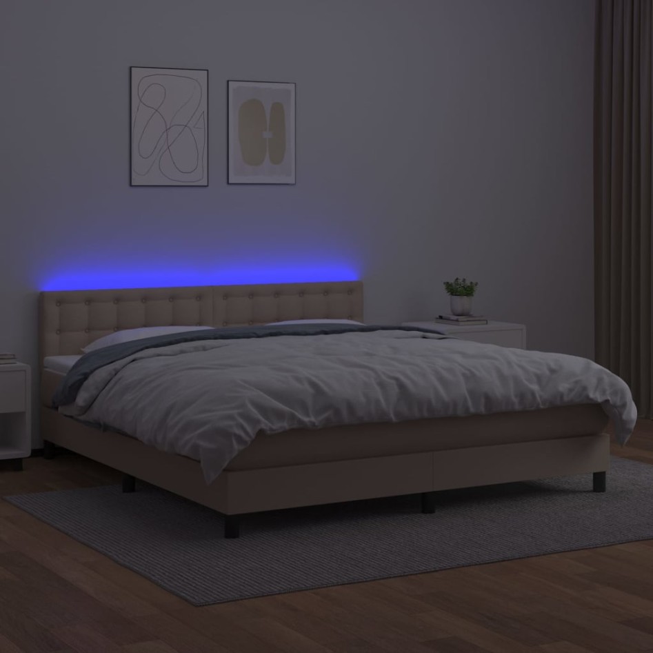 Cama box spring colchón LED cuero sintético capuchino