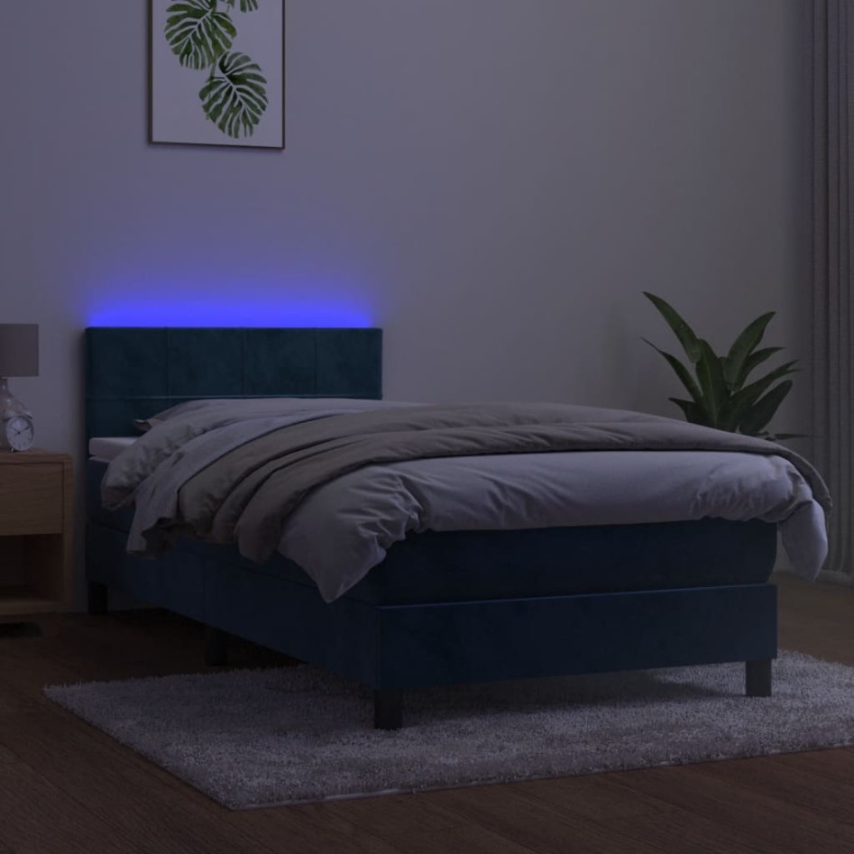Cama box spring colchón y LED terciopelo azul oscuro 100x200