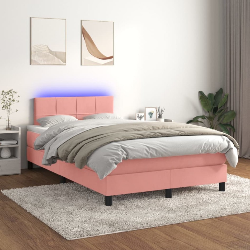 Cama box spring colchón y LED terciopelo rosa 120x200