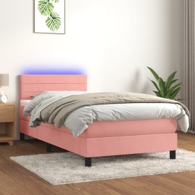 Cama box spring colchón y LED terciopelo rosa 80x200