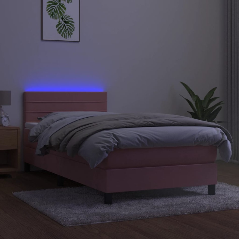 Cama box spring colchón y LED terciopelo rosa 80x200