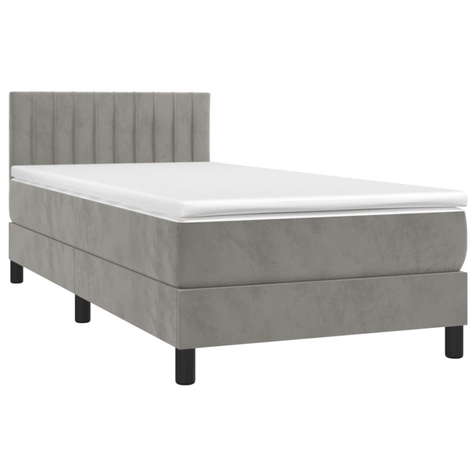 Cama box spring colchón y LED terciopelo gris claro 90x190
