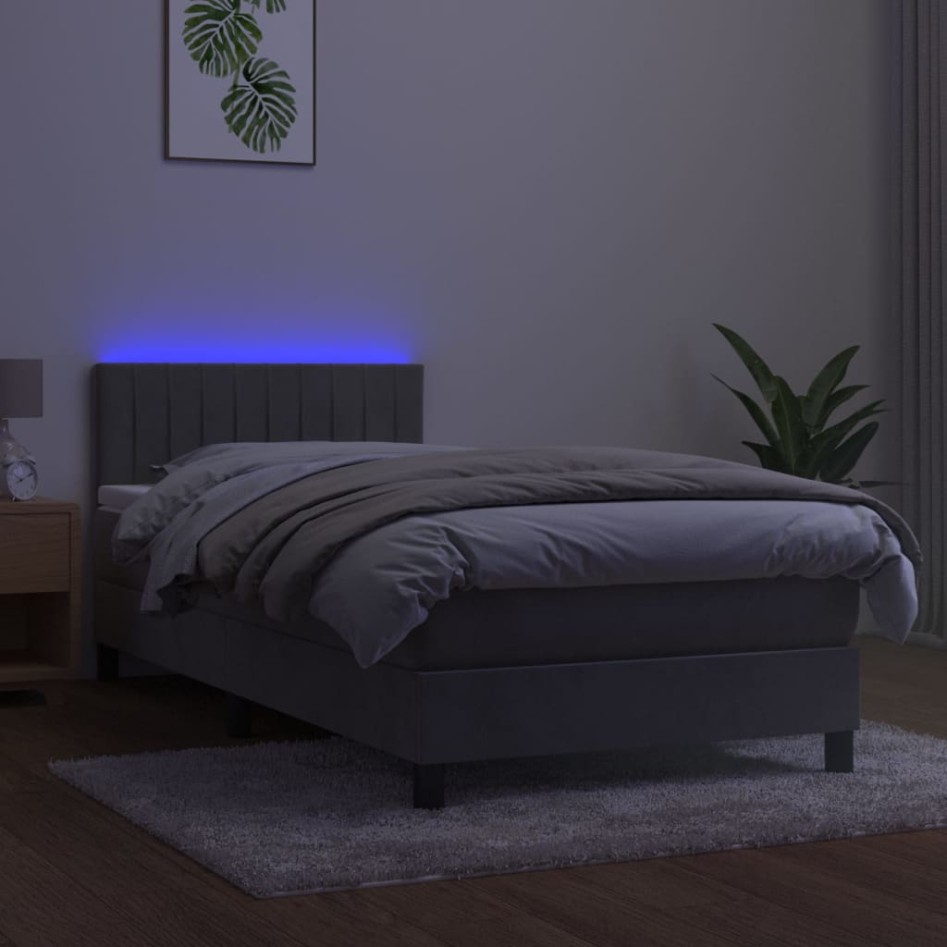 Cama box spring colchón y LED terciopelo gris claro 90x190