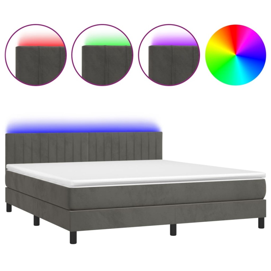 Cama box spring colchón y LED terciopelo gris oscuro 180x200